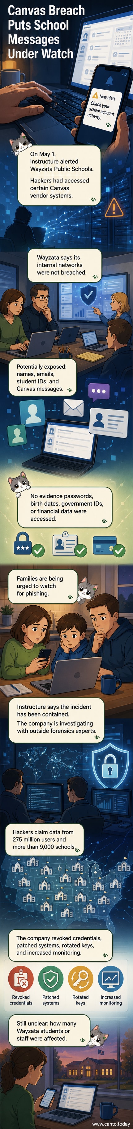 Illustration of a digital lock breaking on a school tablet displaying the Canvas logo, with shadowy figures in the background representing hackers.