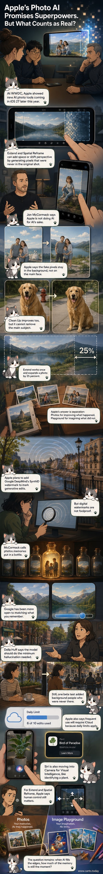 Illustration of a smartphone screen showing an AI-enhanced photo with expanded background and subtle digital effects.
