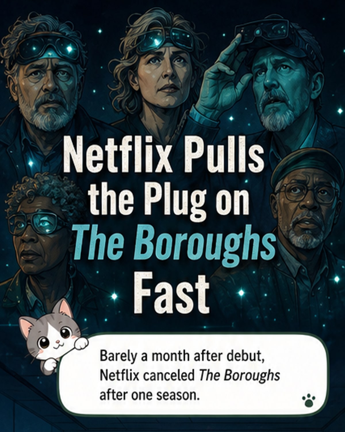 A dimly lit suburban street at night with fog rolling in, hinting at mystery and sci-fi elements, representing the canceled Netflix series 'The Boroughs.'