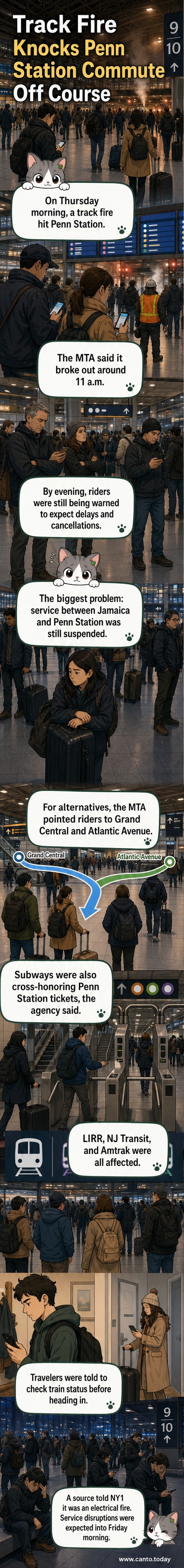 Illustration of a smoke-filled Penn Station rail platform with emergency responders and delayed trains, capturing the chaos of the track fire.