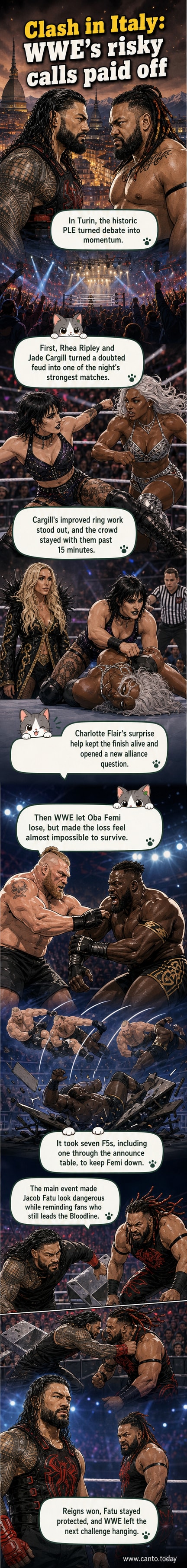 WWE Clash in Italy poster with Roman Reigns, Brock Lesnar, and Jade Cargill in action poses against a dramatic Italian arena backdrop