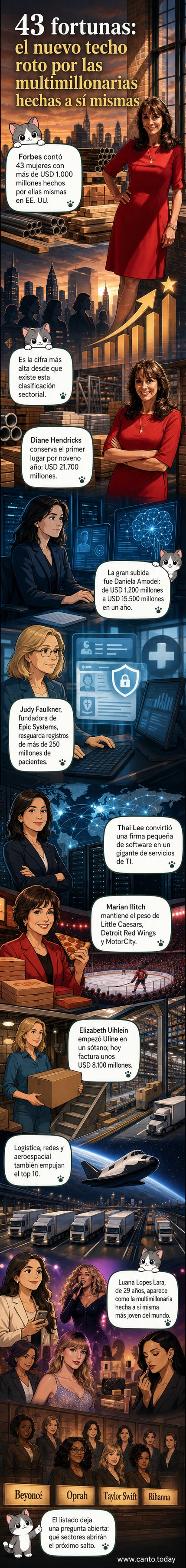 Ilustración de estilo webtoon con varias mujeres empresarias y celebridades en un podio, con gráficos de crecimiento y logotipos de sus empresas al fondo.