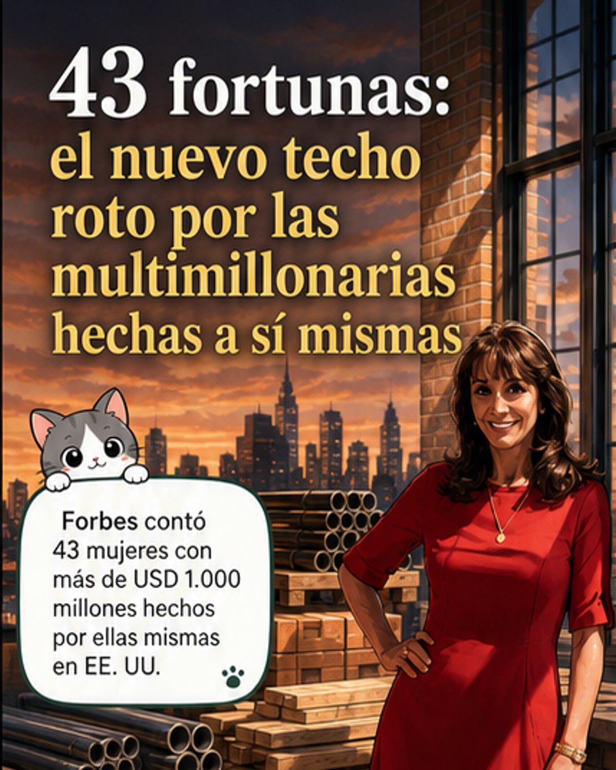 Ilustración de estilo webtoon con varias mujeres empresarias y celebridades en un podio, con gráficos de crecimiento y logotipos de sus empresas al fondo.