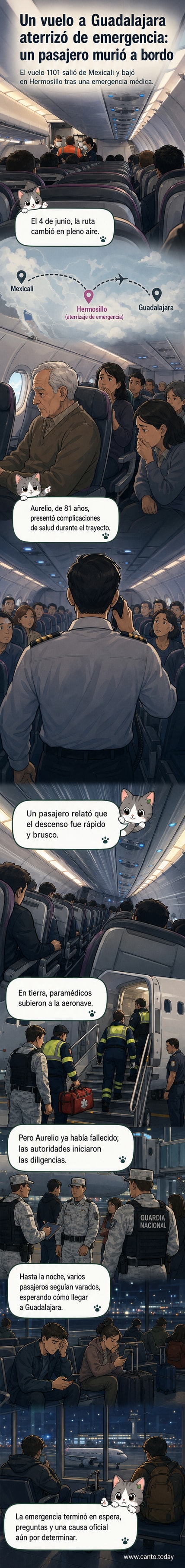 Ilustración de un avión aterrizando de emergencia en un aeropuerto, con paramédicos esperando en la pista.