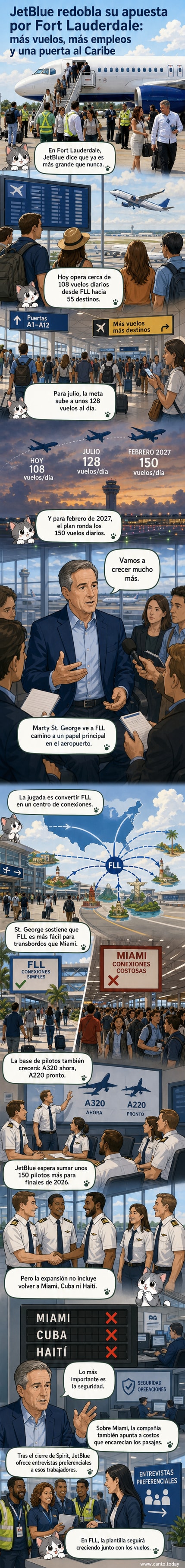 Ilustración de un avión JetBlue despegando del aeropuerto de Fort Lauderdale con destino al Caribe, rodeado de símbolos de empleo y crecimiento económico.