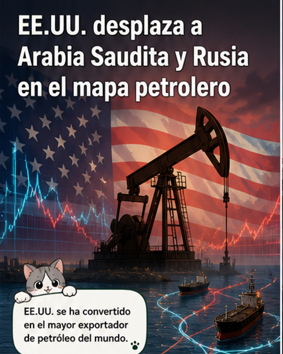 Ilustración de un buque petrolero estadounidense con la bandera de EE.UU., superando a buques de Arabia Saudita y Rusia en un gráfico de exportaciones, con el precio del petróleo cayendo en una pantalla de fondo.