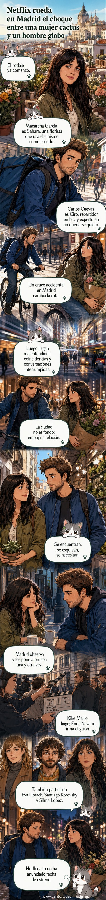 Ilustración romántica de una florista con forma de cactus y un repartidor con forma de globo flotando sobre las calles de Madrid bajo luz dorada.