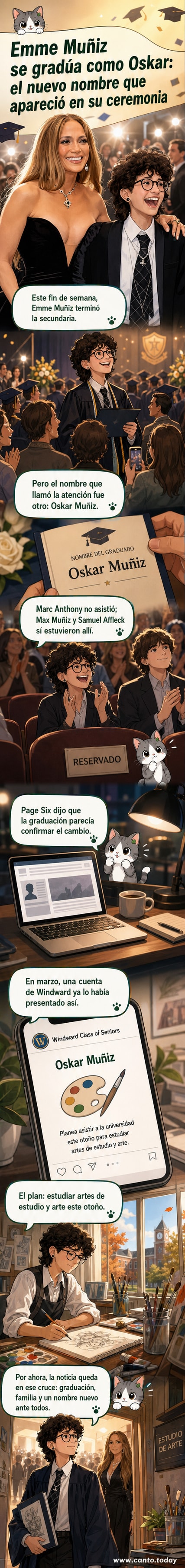Ilustración de una ceremonia de graduación con una figura joven sosteniendo un birrete, con el nombre 'Oskar Muñiz' destacado en letras estilizadas.