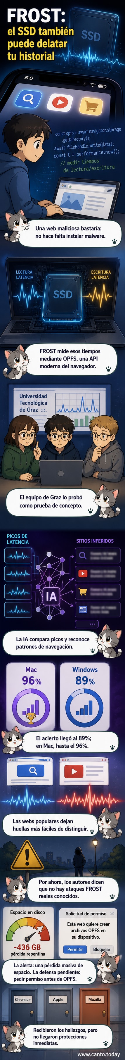 Ilustración de un disco SSD con señales de datos saliendo hacia un navegador web, con un ojo estilizado reflejando historial de navegación. Fondo oscuro con elementos de código binario.