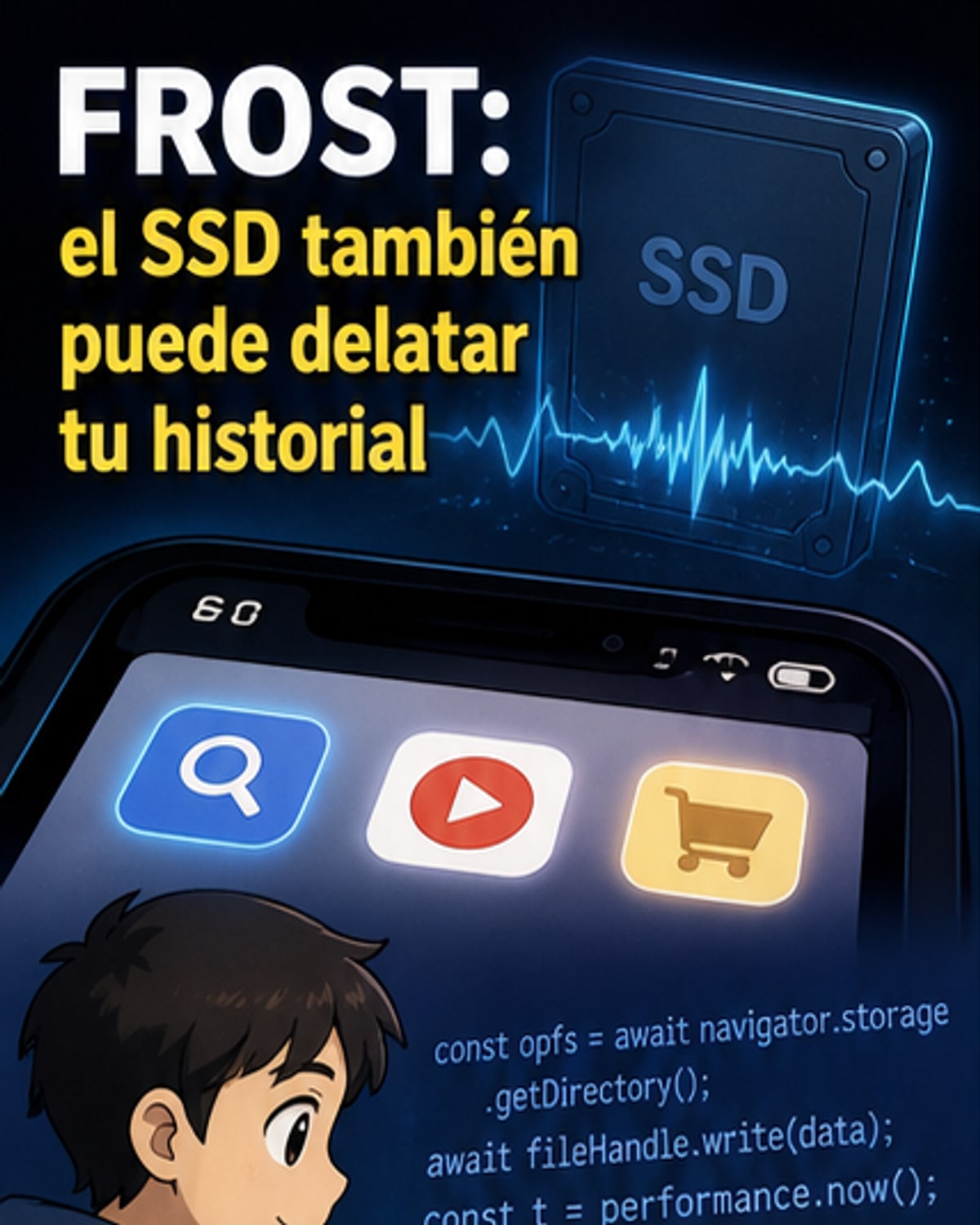 Ilustración de un disco SSD con señales de datos saliendo hacia un navegador web, con un ojo estilizado reflejando historial de navegación. Fondo oscuro con elementos de código binario.