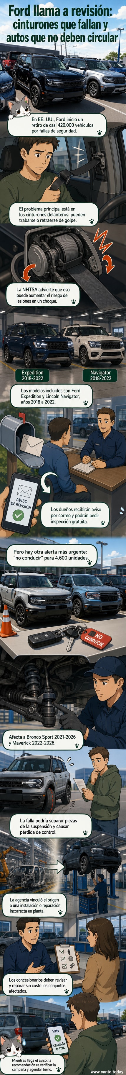 Ilustración de un Ford Bronco Sport y un Ford Maverick con señales de advertencia en suspensión y cinturones de seguridad, rodeados por iconos de retiro vehicular y notificación oficial.