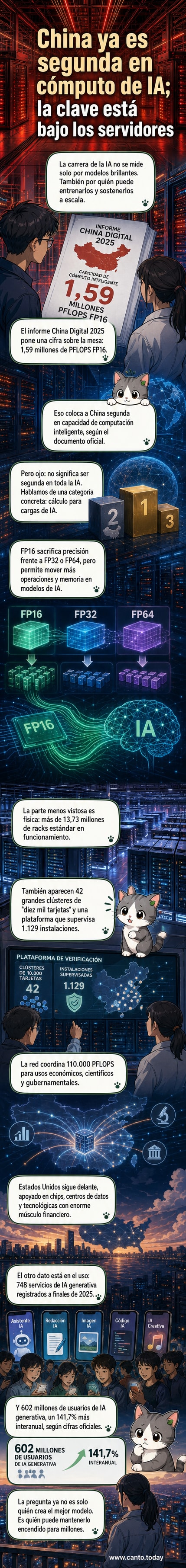 Ilustración de un centro de datos chino con múltiples racks de servidores y clústeres de GPU, con gráficos de crecimiento de usuarios de IA y capacidad de cómputo en fondo.