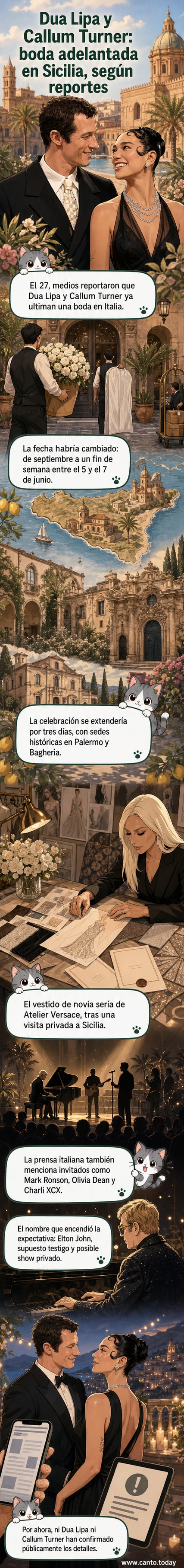 Ilustración de Dua Lipa y Callum Turner en una ceremonia al aire libre en Sicilia, rodeados de lujo, con un piano y Elton John al fondo.