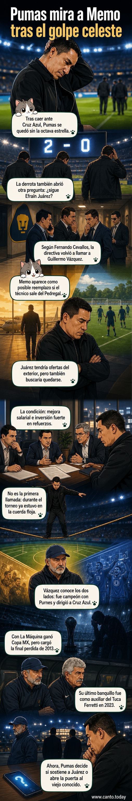 Ilustración de Memo Vázquez en banquillo, con siluetas de jugadores de Pumas y Cruz Azul al fondo, simbolizando su pasado en ambos clubes.