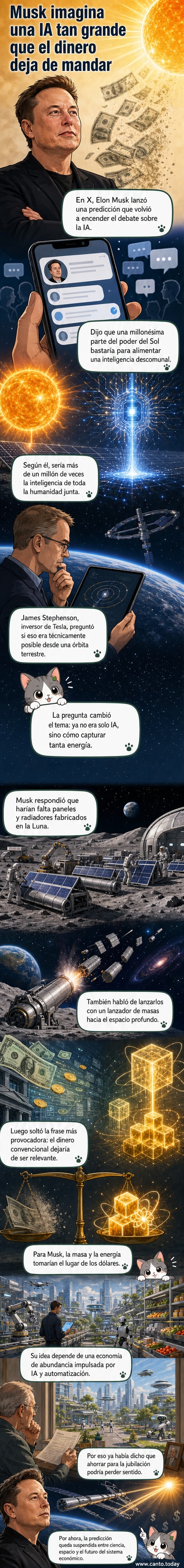 Ilustración de una IA gigante alimentada por energía solar, con símbolos de dólares desvaneciéndose en el fondo.