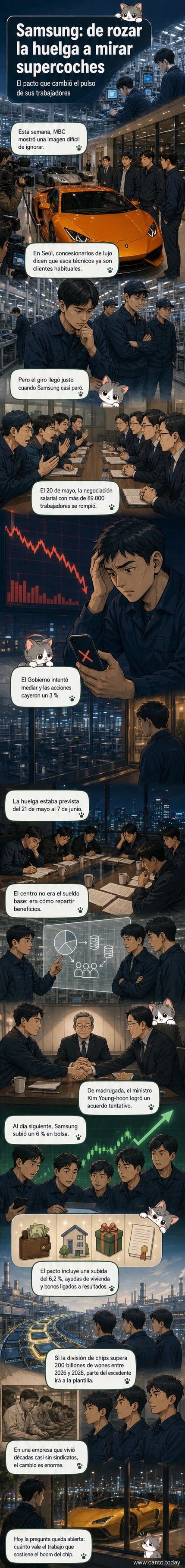 Ilustración de un trabajador de Samsung mirando un Ferrari en un concesionario, con pantallas de chips de fondo y gráficos de bonificaciones.