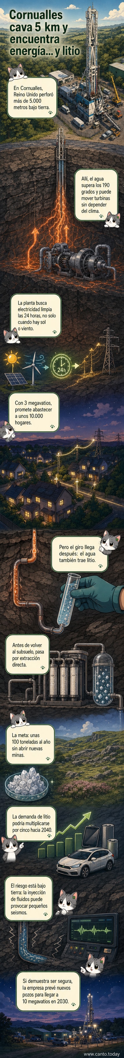 Ilustración de una planta geotérmica en Cornualles, con tuberías profundas extrayendo calor y litio desde el subsuelo, mientras turbinas generan electricidad en la superficie.