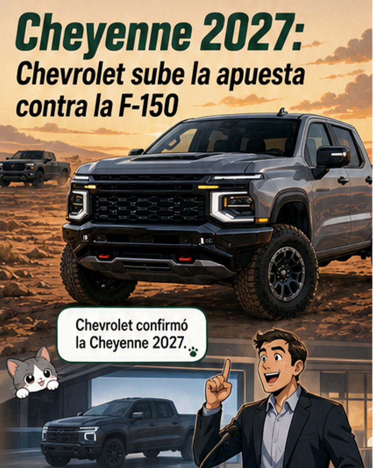 Nueva Chevrolet Cheyenne 2027 con diseño agresivo, pantalla grande en el interior y neumáticos todoterreno.
