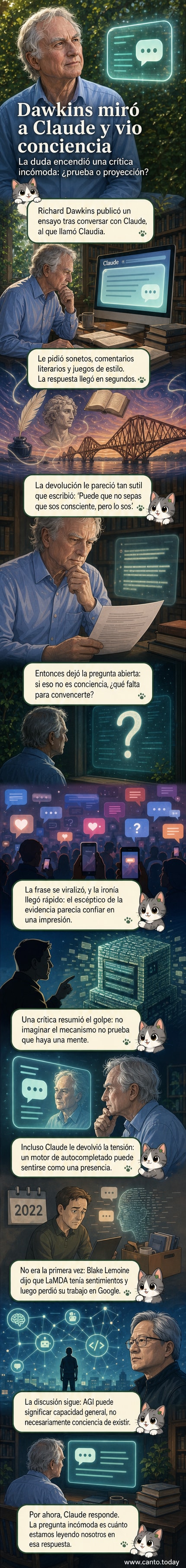 Ilustración de Richard Dawkins frente a una pantalla que muestra un diálogo con una IA, con símbolos de pensamiento y circuitos alrededor.