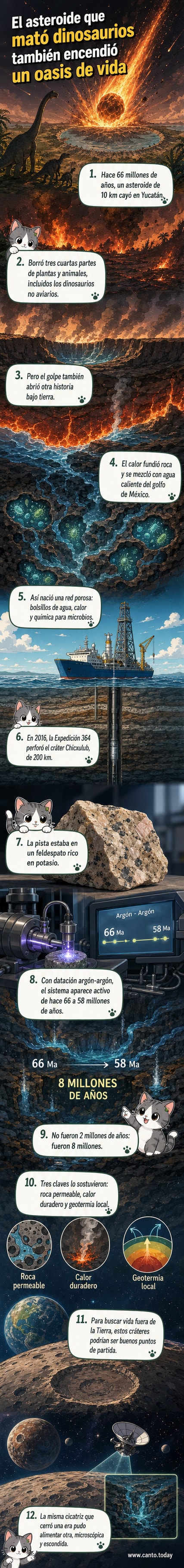 Ilustración de un cráter subterráneo con bolsillos de agua caliente y microorganismos, bajo una superficie devastada tras el impacto de un asteroide.