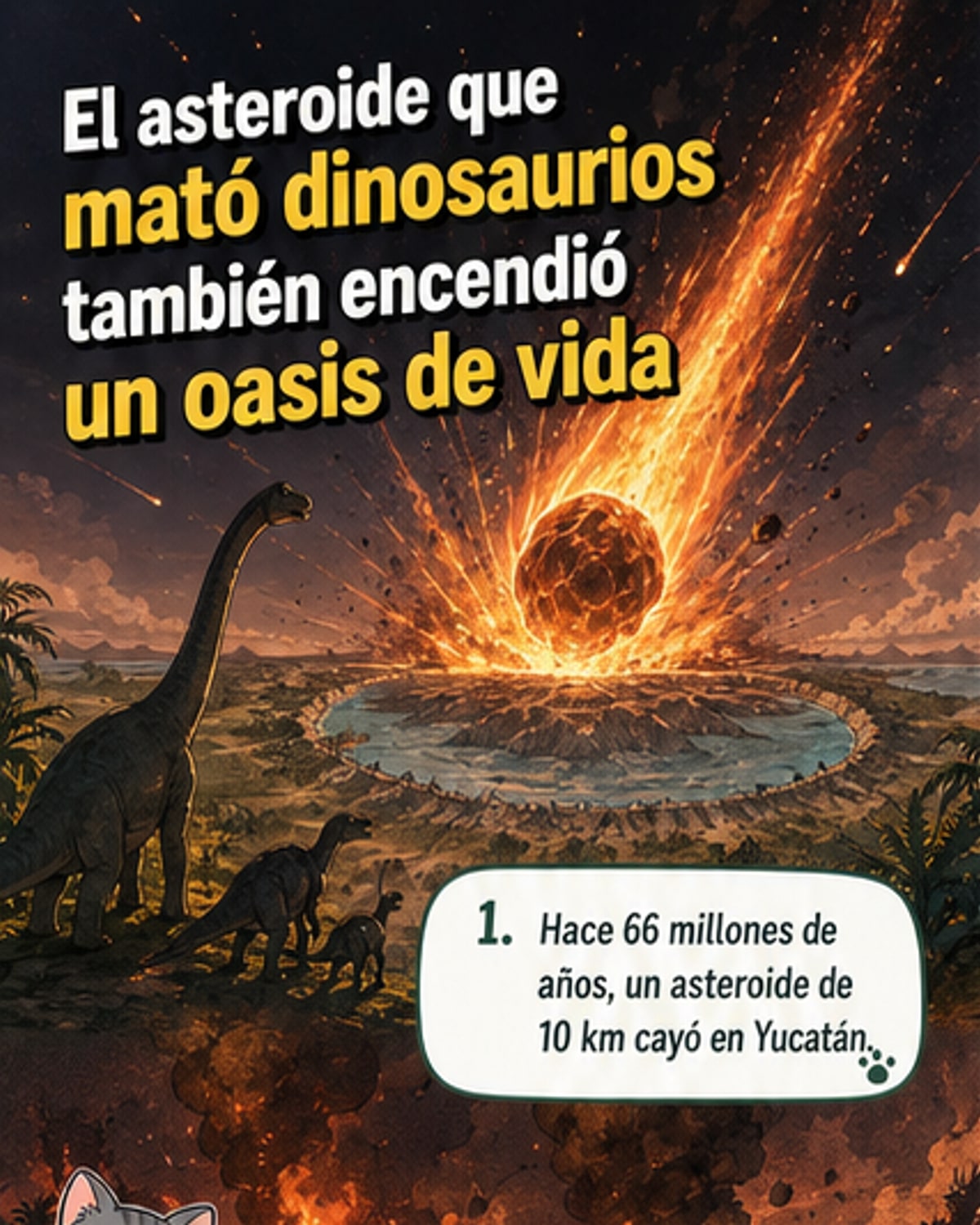Ilustración de un cráter subterráneo con bolsillos de agua caliente y microorganismos, bajo una superficie devastada tras el impacto de un asteroide.