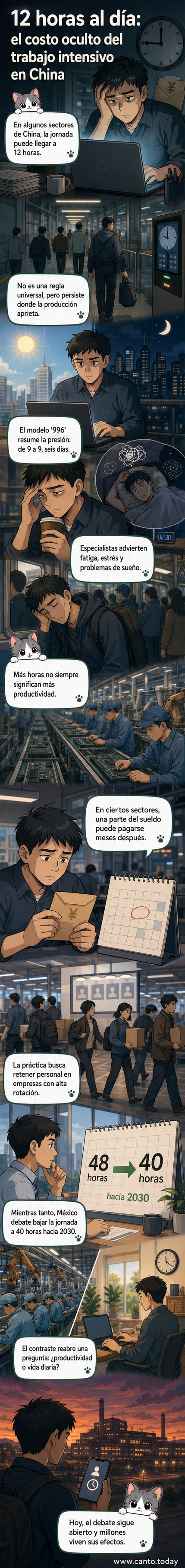 Ilustración de una fábrica en China con trabajadores bajo luces intensas, calendario marcando seis días de trabajo y un reloj marcando las 9 p.m., contrastado con una oficina en México donde un empleado revisa un horario de 40 horas semanales.