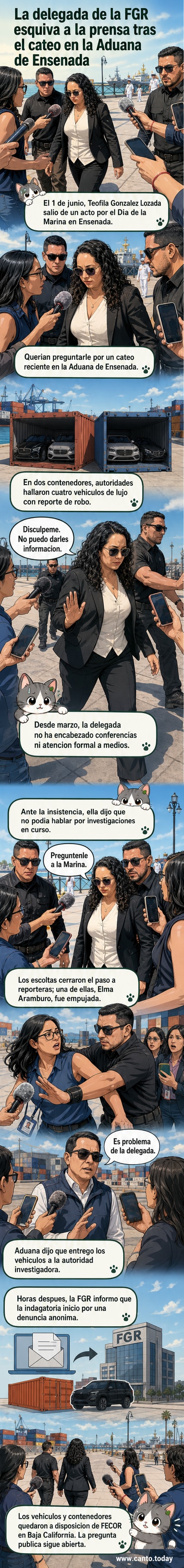 Una funcionaria federal rodeada por escoltas mientras intenta evitar a periodistas que le hacen preguntas tras un evento público en Ensenada.