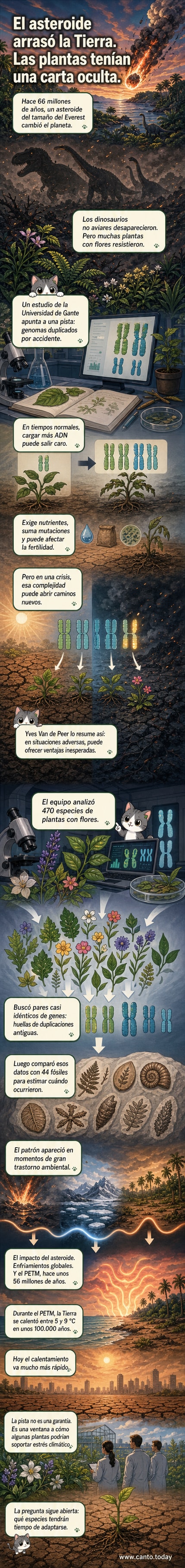 Ilustración de una planta resistiendo bajo un cielo oscurecido por el impacto de un asteroide, con detalles genéticos visibles en sus hojas y raíces.