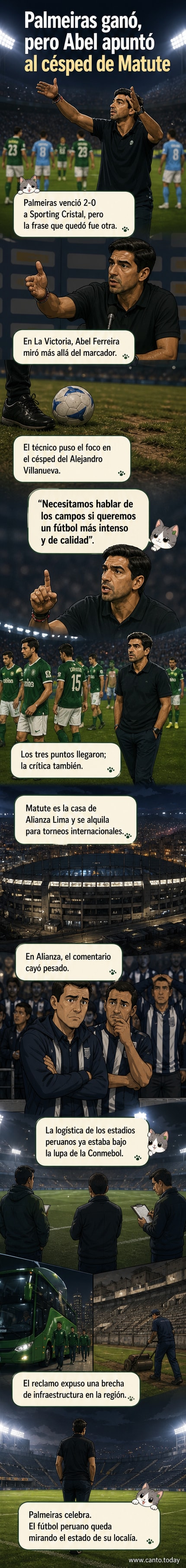 Ilustración de Abel Ferreira señalando el campo de juego con expresión crítica, mientras el estadio Matute aparece con césped en mal estado.