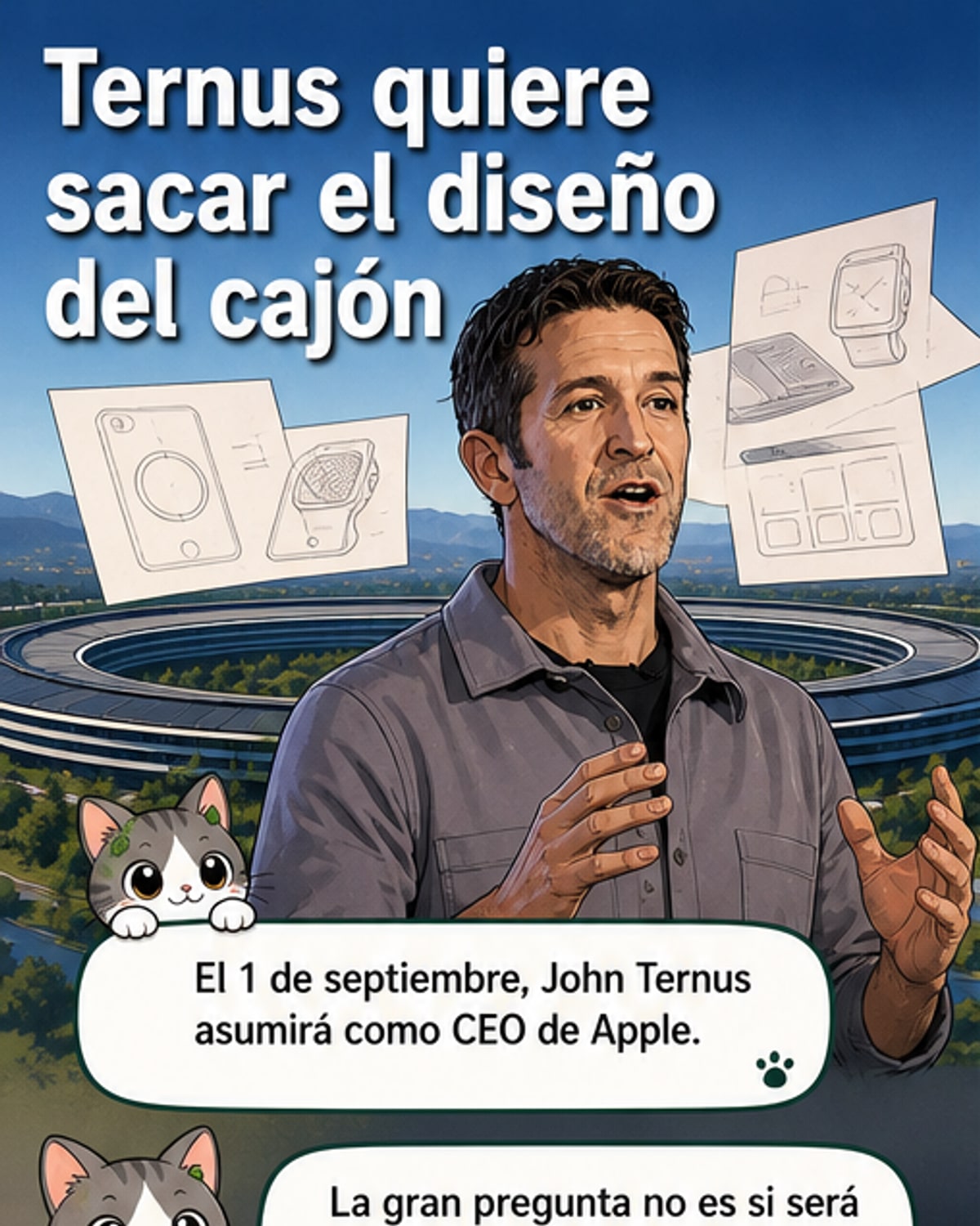 Ilustración de un nuevo CEO entrando a una sala de diseño en Apple, con referencias visuales a Steve Jobs y Jony Ive en la pared.