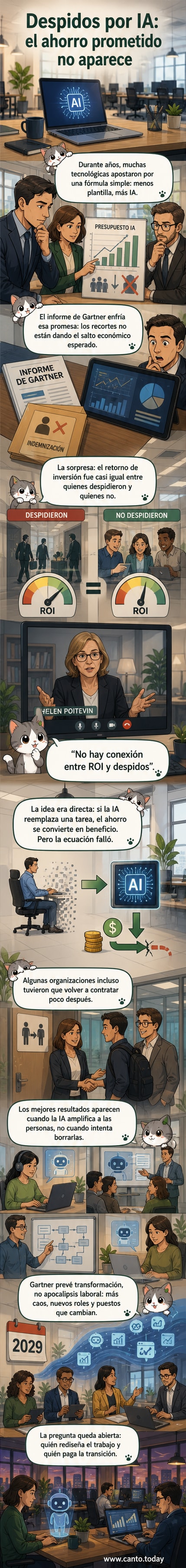 Ilustración de una oficina con empleados observando una pantalla donde una IA analiza gráficos, mientras una flecha roja marca despidos y otra verde muestra productividad sin crecimiento.