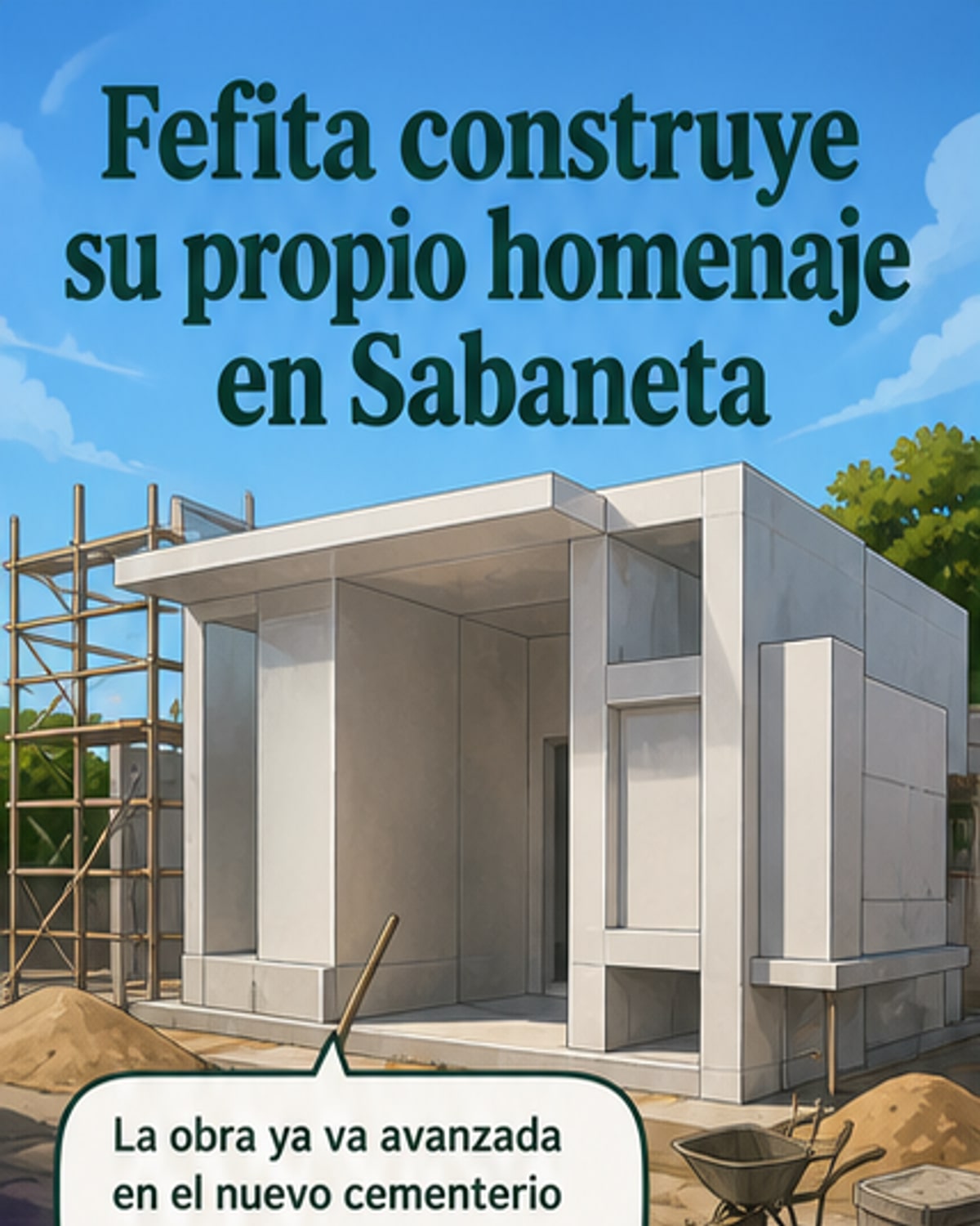 Ilustración de Fefita La Grande con su acordeón frente al mausoleo en construcción en Sabaneta, bajo un cielo soleado.