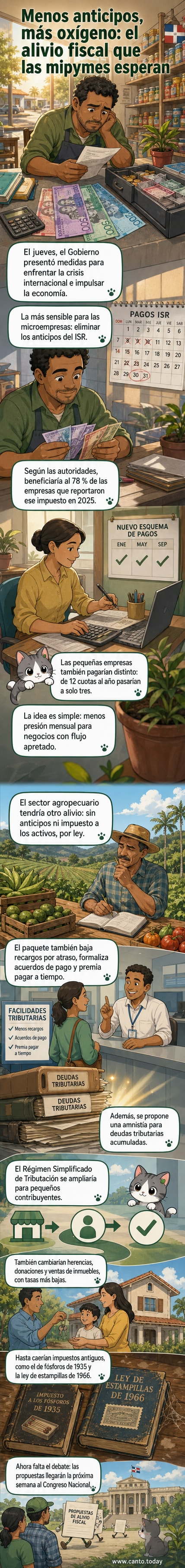 Ilustración de una pequeña oficina con papeles de impuestos, una balanza fiscal y un documento que dice 'Reforma Tributaria 2026', con trabajadores observando un cambio positivo.