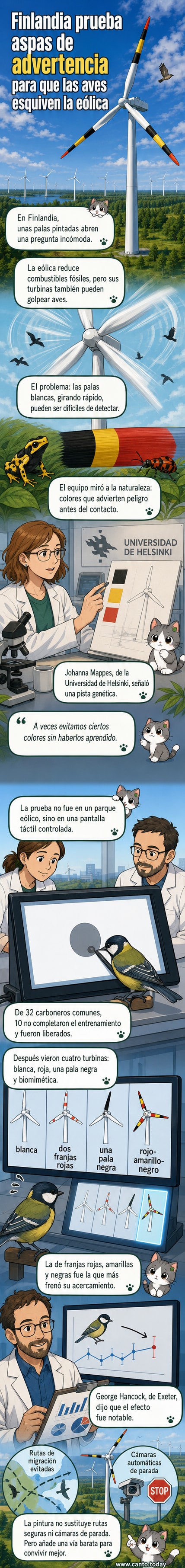 Ilustración de un aerogenerador con aspas pintadas en franjas de negro, rojo y amarillo, volando aves cerca sin colisionar, con un fondo de paisaje natural.