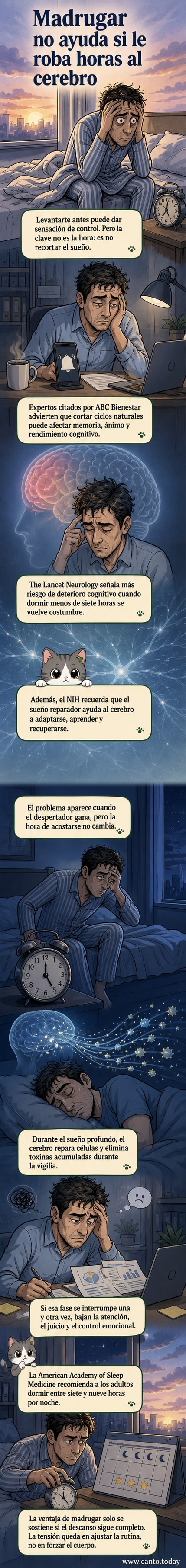 Ilustración de un cerebro con zonas afectadas por la falta de sueño, junto a un reloj marcando horas nocturnas y una persona bostezando.