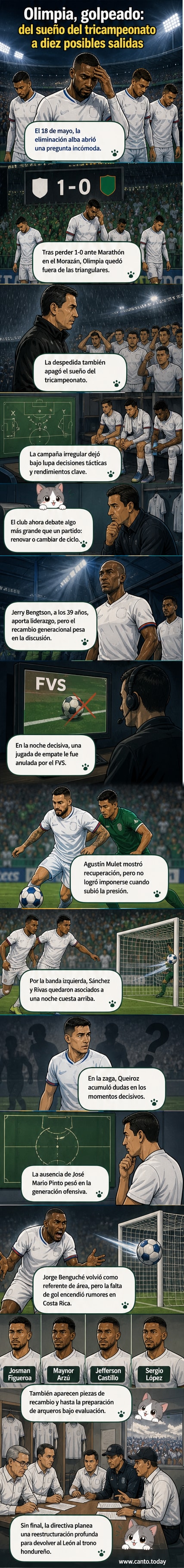 Ilustración de un estadio de fútbol con jugadores de Olimpia en el banquillo, mirando hacia el campo con expresiones de decepción tras la eliminación.