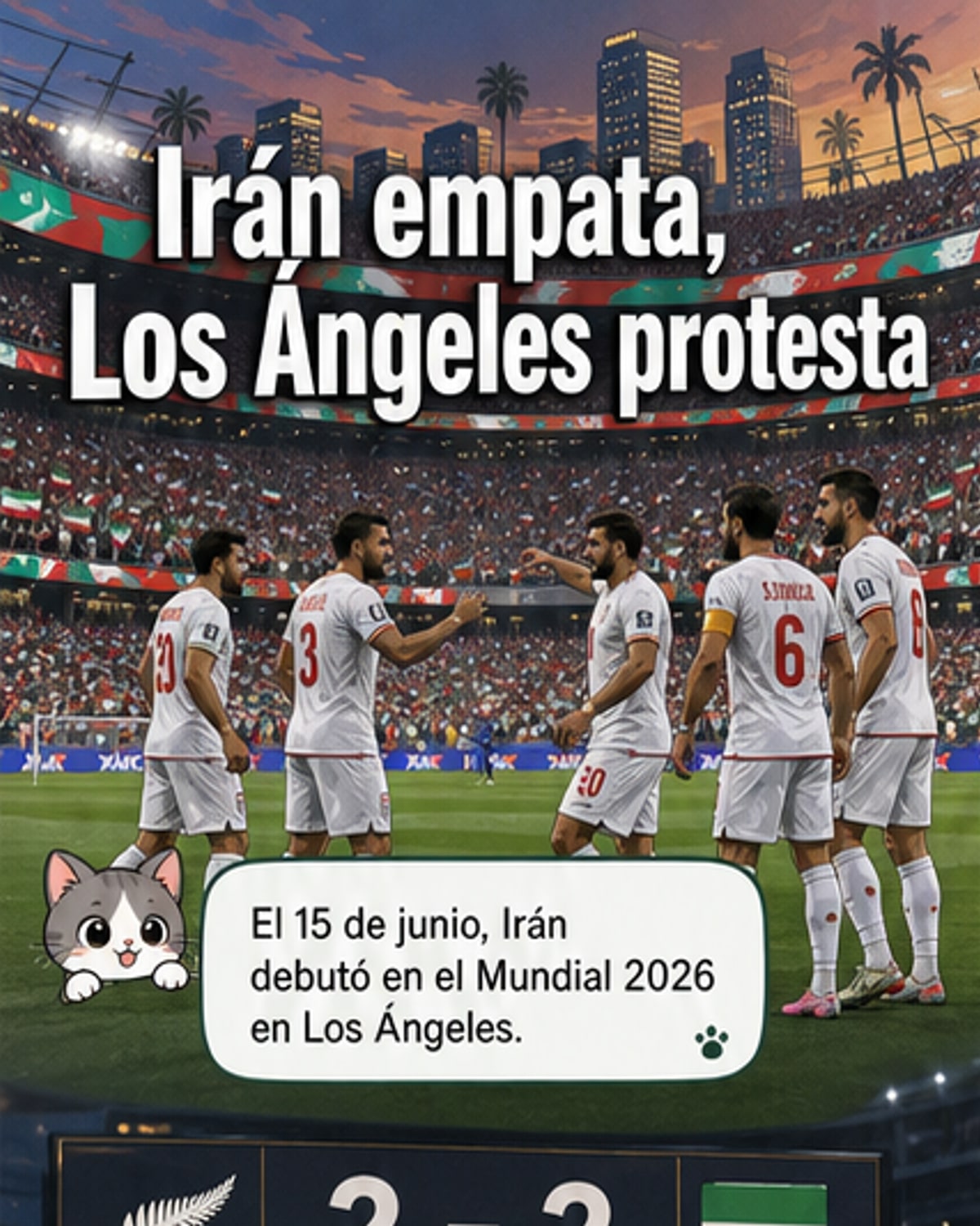 Hincha iraní sostiene una bandera antigua antes del partido entre Irán y Nueva Zelanda en el Mundial 2026, en un estadio de Los Ángeles.