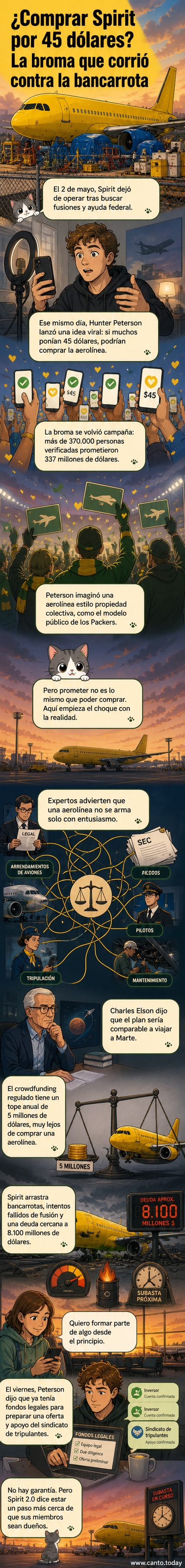 Ilustración de un avión de Spirit Airlines volando sobre una multitud que levanta sus manos con billetes simbólicos, con un joven en primer plano con un cartel que dice 'Vamos a comprar Spirit'.