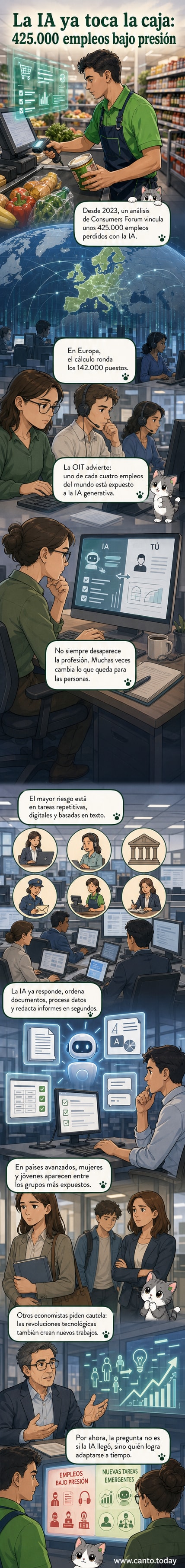 Ilustración de una oficina con empleados y robots trabajando juntos, representando la automatización por inteligencia artificial en el entorno laboral.