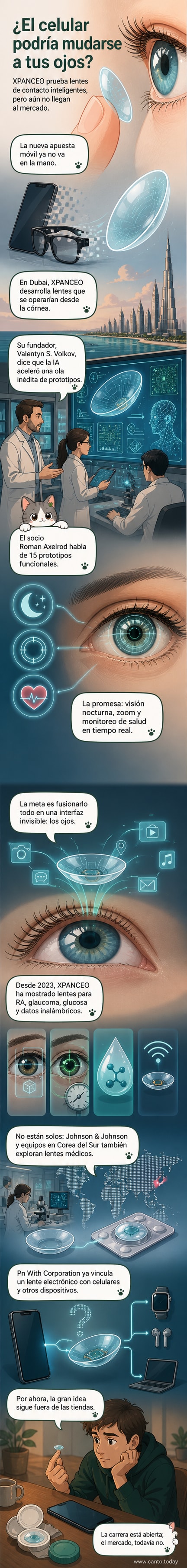 Ilustración de un ojo humano con un lente de contacto inteligente proyectando datos digitales como notificaciones, gráficos de salud y visión nocturna.