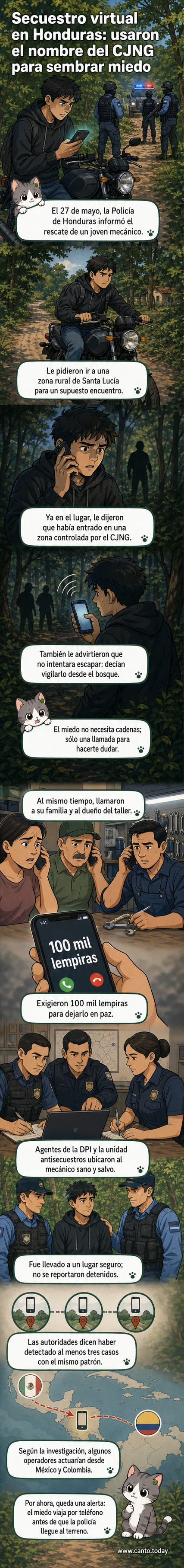 Ilustración de un joven mecánico siendo amenazado por llamadas telefónicas en una zona rural, mientras agentes de la policía hondureña lo rastrean para rescatarlo.