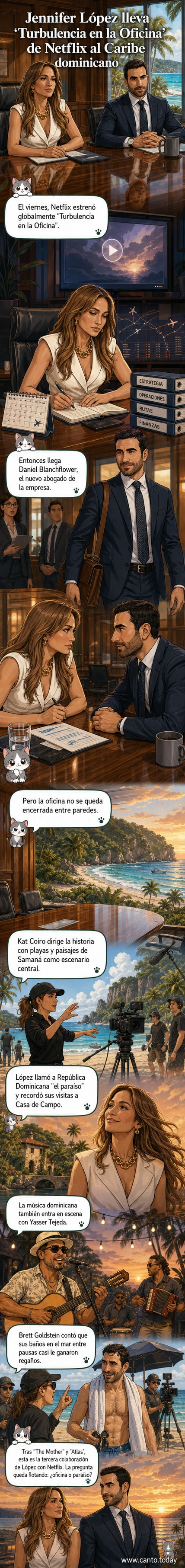 Jennifer López y Brett Goldstein en una escena de 'Turbulencia en la Oficina', filmada en una playa de Samaná, República Dominicana.