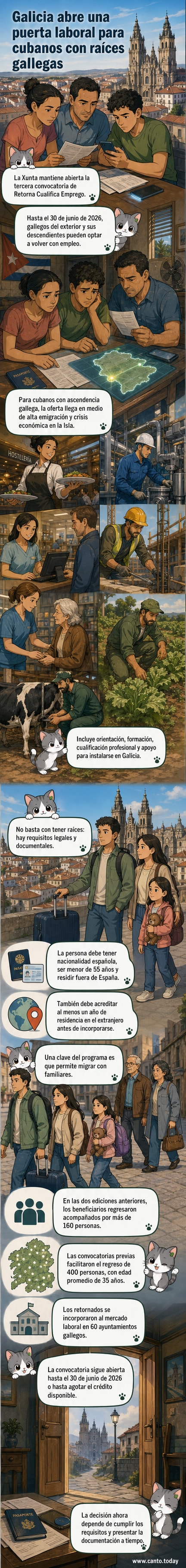 Pantalla con el anuncio del programa Retorna Cualifica Emprego de la Xunta de Galicia, enfocado en cubanos con raíces gallegas que buscan retornar con empleo.