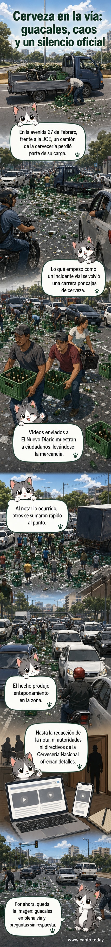 Personas recogen cajas de cerveza en una avenida de Santo Domingo tras un accidente con un camión de reparto.