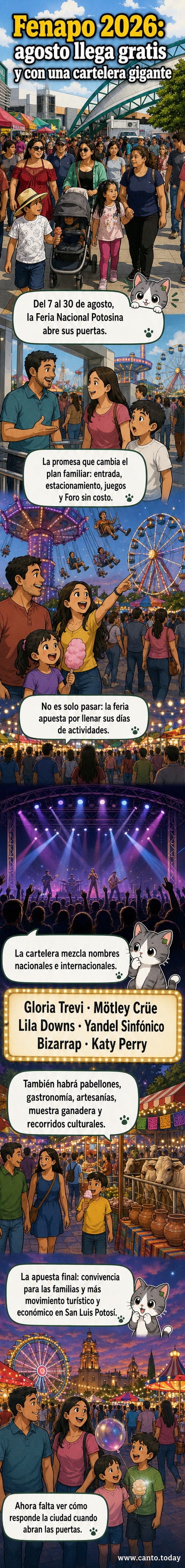 Ilustración de una feria nocturna con luces de juegos mecánicos, escenario musical y familias disfrutando, con el letrero 'Fenapo 2026' en el fondo.