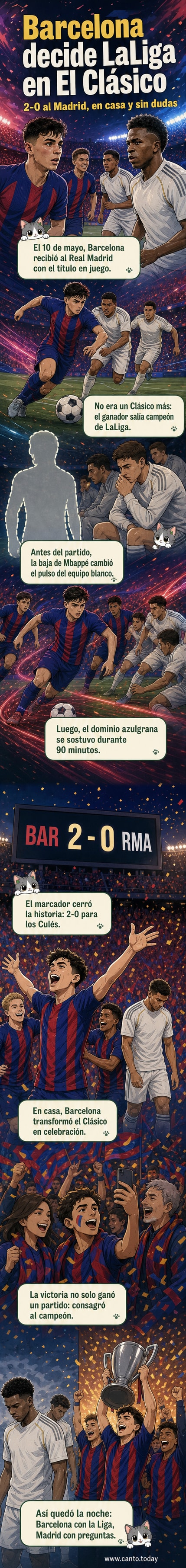 Ilustración de jugadores del Barcelona celebrando con la camiseta azulgrana en el Camp Nou tras vencer 2-0 al Real Madrid en el Clásico que definió al campeón de LaLiga.