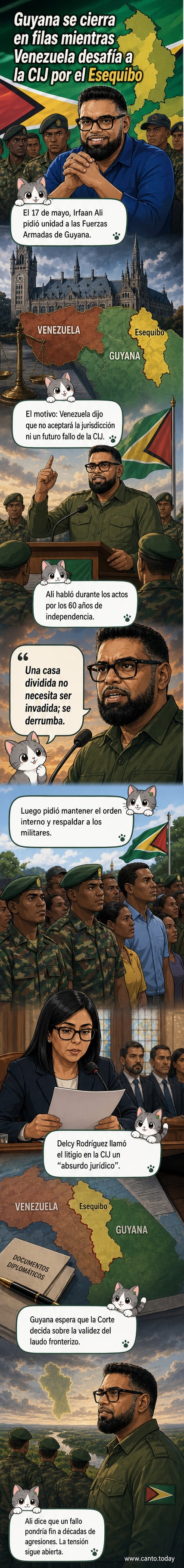 Presidente Irfaan Ali, vestido con uniforme militar, habla ante tropas durante un acto en Guyana, con bandera y mapa del país de fondo, mientras aumenta la tensión con Venezuela por el territorio del Esequibo.