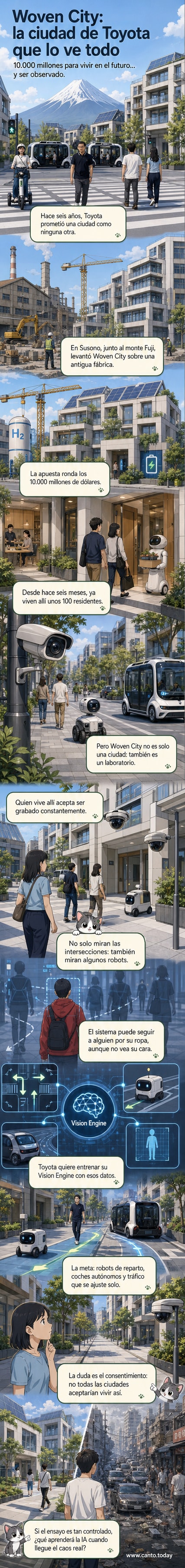 Ilustración de Woven City, una ciudad futurista de Toyota con casas modernas, robots circulando y sensores por doquier, bajo la sombra del monte Fuji.