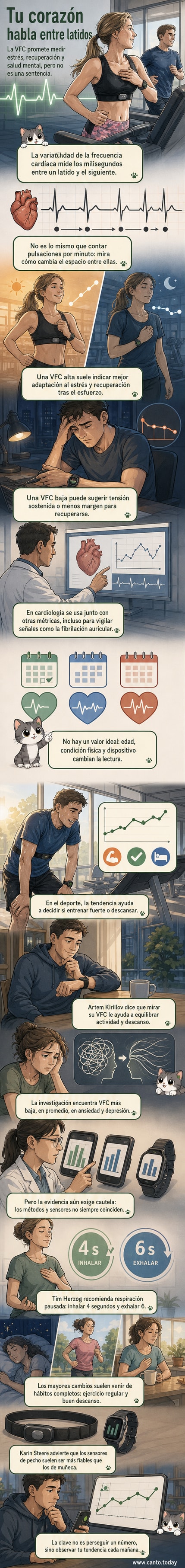 Ilustración explicativa de la variabilidad de la frecuencia cardíaca, mostrando diferencias entre latidos y su relación con el estrés y la recuperación.