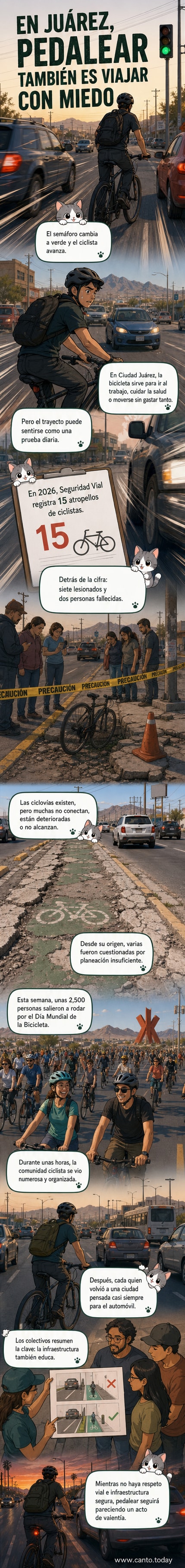 Ilustración de un ciclista avanzando en una calle de Ciudad Juárez con automóviles a su alrededor, ciclovía deteriorada y semáforo en verde.